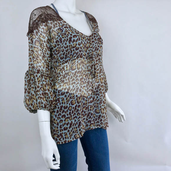 {BCBGMaxAzria} Blue Leopard Bell Sleeve Blouse - Picture 3 of 6